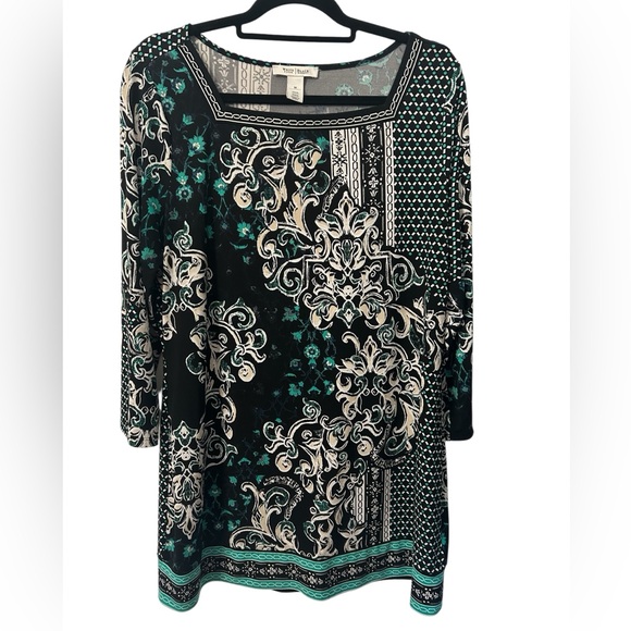 White House Black Market Tops - White House Black Market Black Teal Baroque Print Blouse Square Neck 3/4 Sleeve